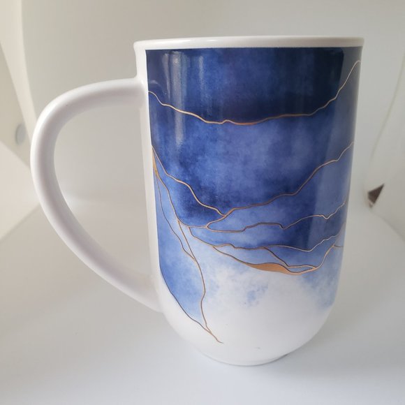 New Abstract Coffee Tea Water Mug Blue Watercolor Print W/ Gold Ceramic 16 oz - Picture 8 of 11